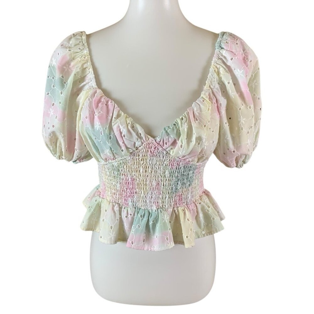 Free The Roses Smocked Eyelet Pastel Peplum‎ Cottagecore Puff Top XS